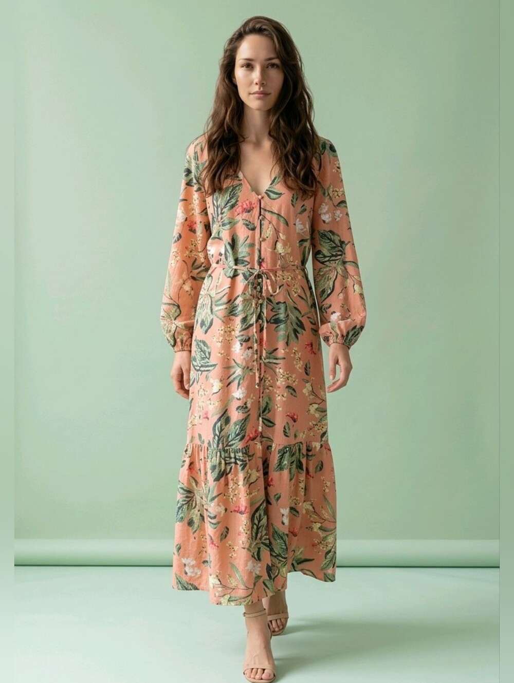 H&M Peach and Green Floral Long Sleeve Dress